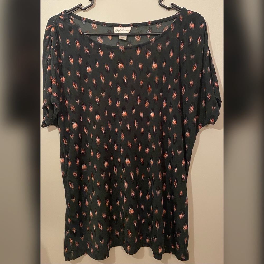 Dark Green Stretchy Blouse w/ Pink & Black Animal Print & Cinched Sleeves- Large